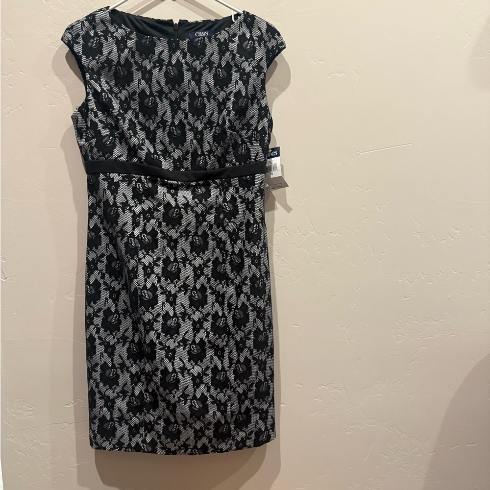 Chaps Black and White Lace-Effect Midi Dress